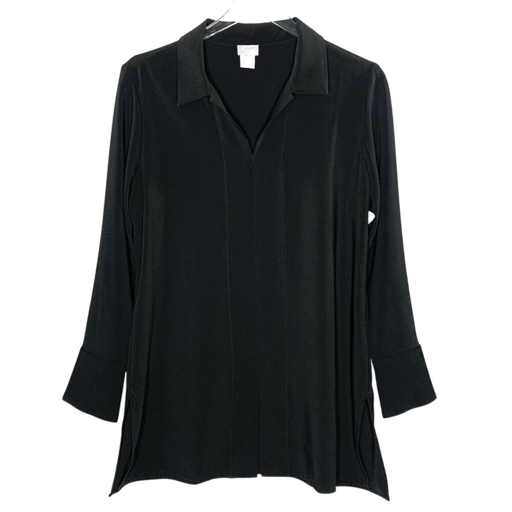 Chicos M Womens V Neck Popover Chain Trim Cuff Tunic Collared Top Black